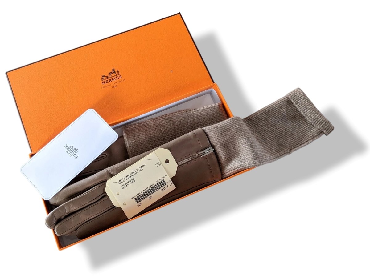Hermes [GL04] Women's Etoupe GANTS FEMME RIVALE BI AGNEAU GLACE/CACHEMIRE Gloves, BNWTIB! - poupishop
