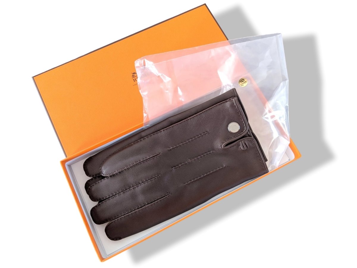 Hermes [GL06] Men's Moka Glace Lambskin GANTS HOMME CLOUS DE SELLE Gloves, BNWTIB! - poupishop
