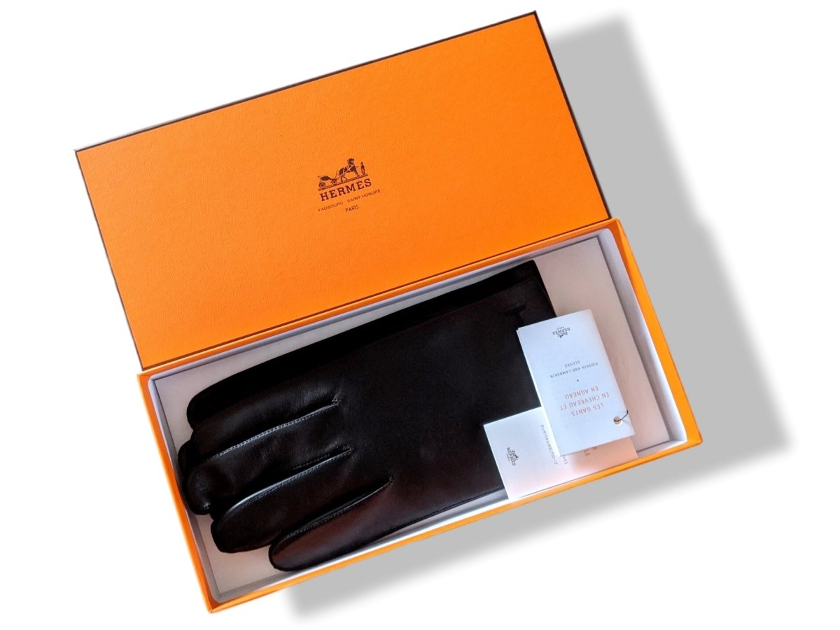 Hermes [GL07] Men's Noir Glace Chevreau/Agneau TOUCHSCREEN GLOVES TACTILE Sz 085, BNWTIB! - poupishop