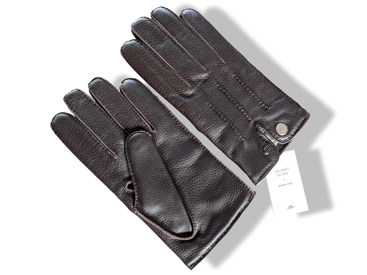 Hermes [GL08] Men's Ebene Deer/Cashmere Cerf GANTS HOMME CLOUS DE SELLE Gloves, BNWTIB! - poupishop