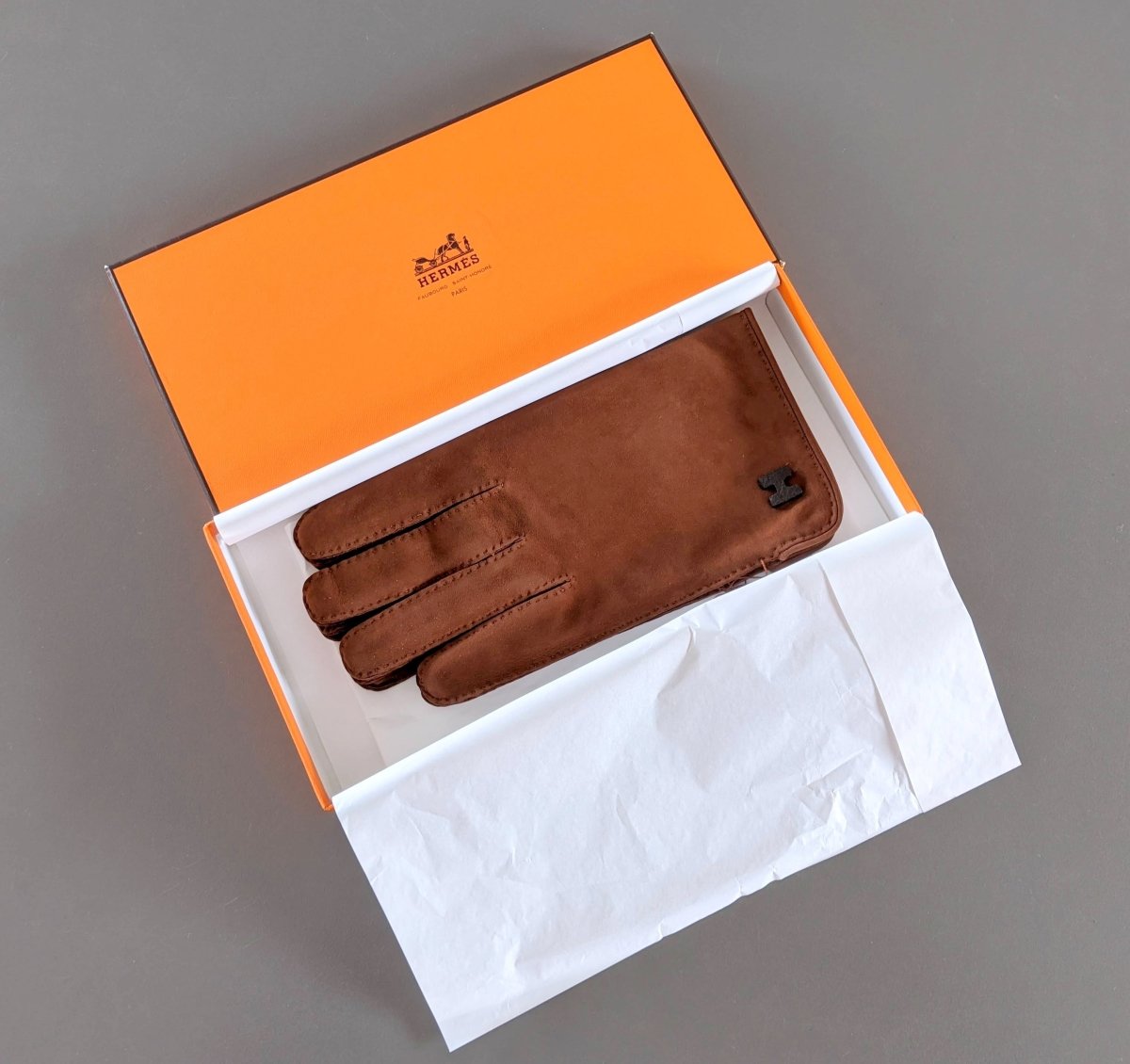 Hermes [GL09] Men's Brown Suede/Silk Daim GANTS HOMME H Gloves Sz 095, BNWTIB! - poupishop