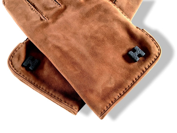 Hermes [GL09] Men's Brown Suede/Silk Daim GANTS HOMME H Gloves Sz 095, BNWTIB! - poupishop