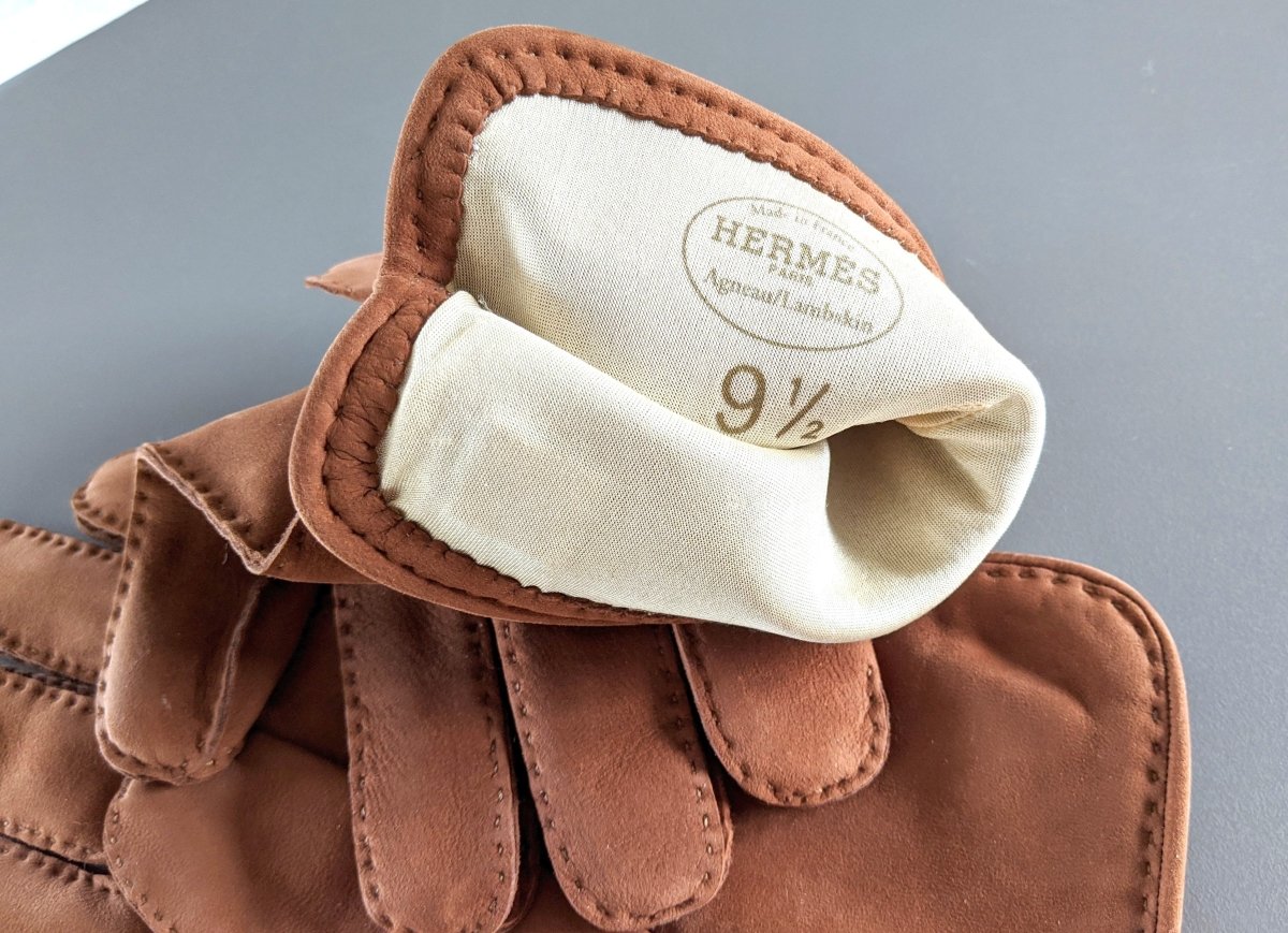 Hermes [GL09] Men's Brown Suede/Silk Daim GANTS HOMME H Gloves Sz 095, BNWTIB! - poupishop