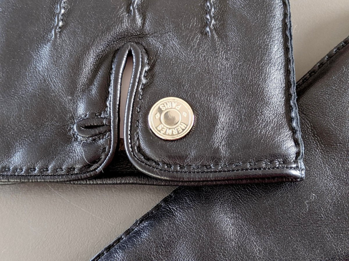 Hermes [GL10] Men's Black Glace Lambskin/Cashmere GANTS HOMME CLOUS DE SELLE Gloves Sz 095, BNWTIB! - poupishop