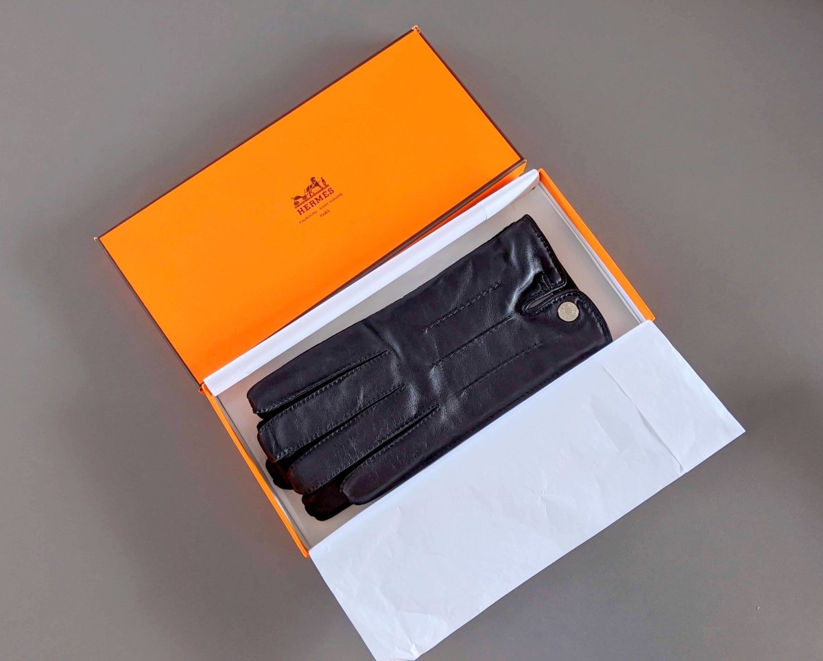 Hermes [GL10] Men's Black Glace Lambskin/Cashmere GANTS HOMME CLOUS DE SELLE Gloves Sz 095, BNWTIB! - poupishop