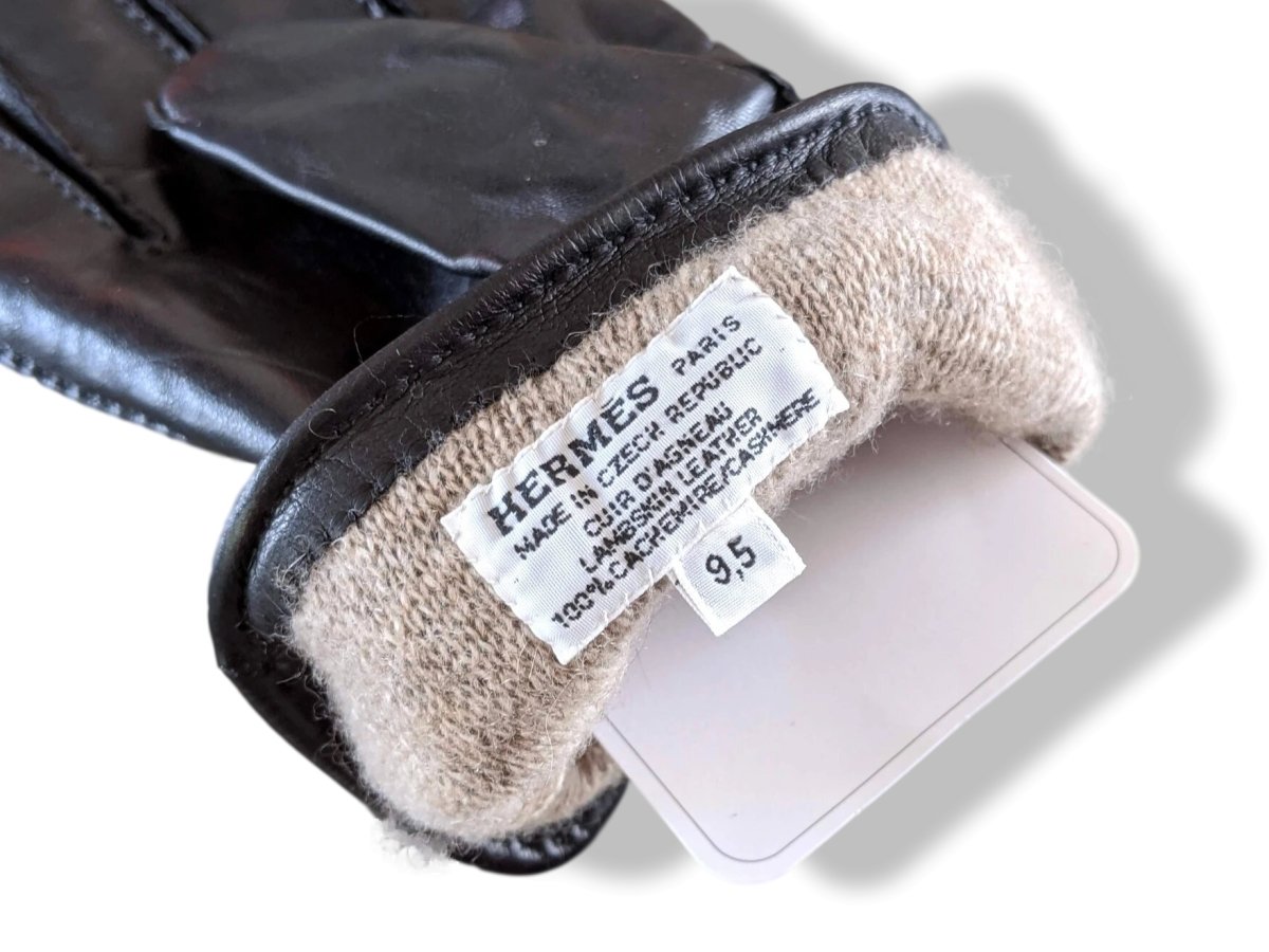 Hermes [GL10] Men's Black Glace Lambskin/Cashmere GANTS HOMME CLOUS DE SELLE Gloves Sz 095, BNWTIB! - poupishop