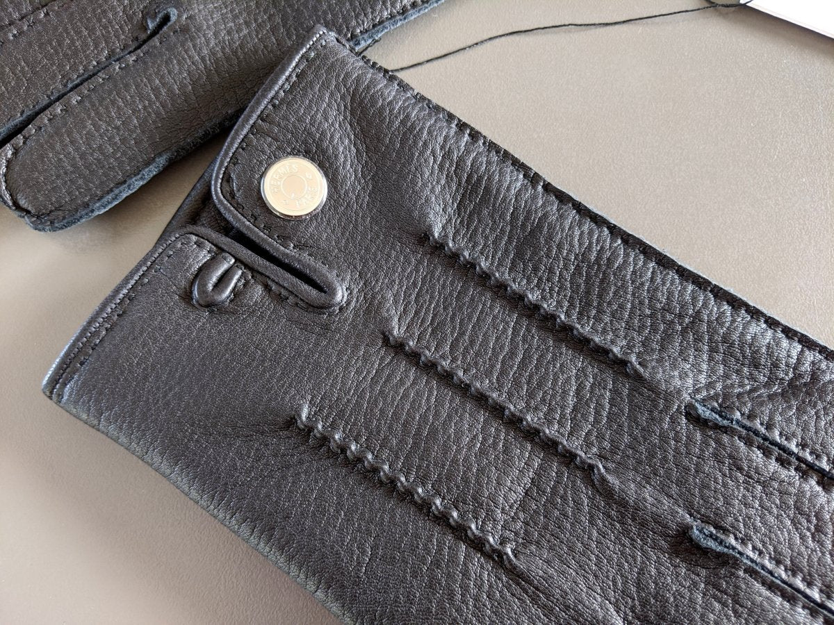 Hermes [GL11] Men's Black Deer/Silk Cerf GANTS HOMME CLOUS DE SELLE Gloves, BNWTIB! - poupishop