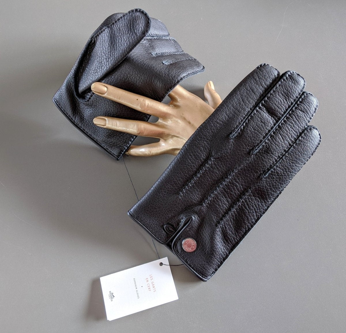 Hermes [GL11] Men's Black Deer/Silk Cerf GANTS HOMME CLOUS DE SELLE Gloves, BNWTIB! - poupishop