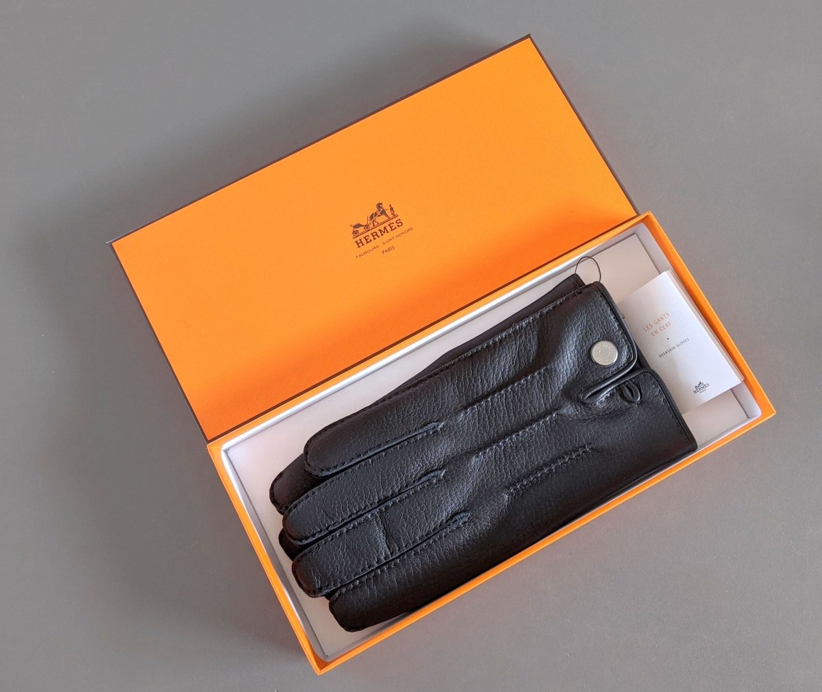 Hermes [GL11] Men's Black Deer/Silk Cerf GANTS HOMME CLOUS DE SELLE Gloves, BNWTIB! - poupishop