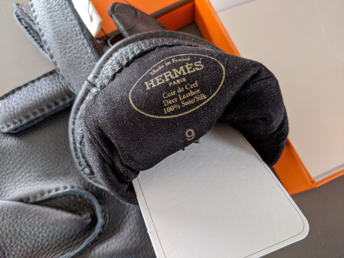 Hermes [GL11] Men's Black Deer/Silk Cerf GANTS HOMME CLOUS DE SELLE Gloves, BNWTIB! - poupishop