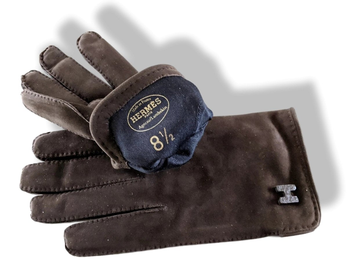 Hermes [GL15] Men's Moka Suede/Silk Daim GANTS HOMME H Gloves Sz 085, BNIB! - poupishop