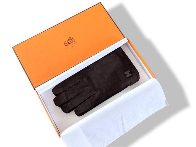 Hermes [GL15] Men's Moka Suede/Silk Daim GANTS HOMME H Gloves Sz 085, BNIB! - poupishop