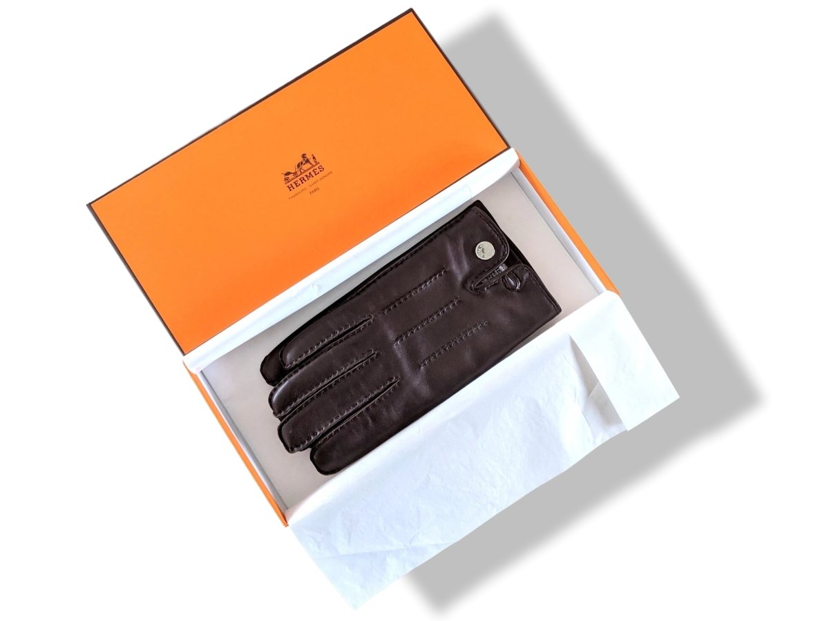 Hermes [GL16] Men's Moka Glace Lambskin/Cashmere GANTS HOMME CLOUS DE SELLE Gloves Sz 080, BNWIB! - poupishop