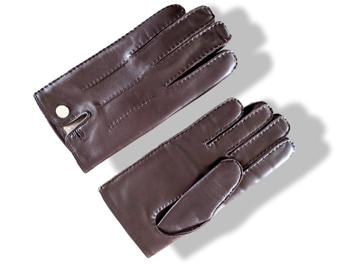 Hermes [GL16] Men's Moka Glace Lambskin/Cashmere GANTS HOMME CLOUS DE SELLE Gloves Sz 080, BNWIB! - poupishop