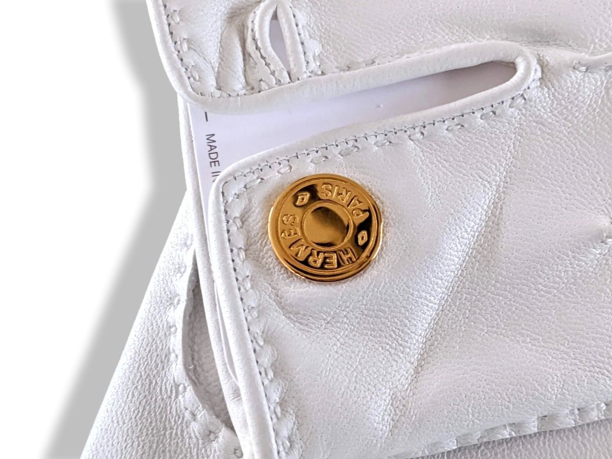 Hermes [GL17] Women's Blanc Glace/Gold Clous de Selle Lambskin GANTS FEMME NERVURES DROITES Gloves Sz 075, BNWTIB! - poupishop