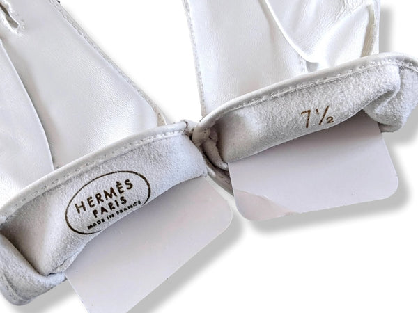 Hermes [GL17] Women's Blanc Glace/Gold Clous de Selle Lambskin GANTS FEMME NERVURES DROITES Gloves Sz 075, BNWTIB! - poupishop