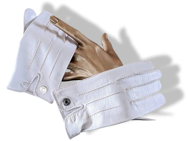 Hermes [GL18] Women's Blanc Glace/Palladium Lambskin GANTS FEMME NERVURES DROITES Gloves Sz 080, BNWTIB! - poupishop