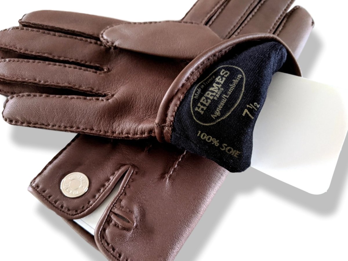 Hermes [GL19] Women's Chocolat Glace Lambskin GANTS FEMME NERVURES DROITES Gloves Sz 075, BNIB! - poupishop