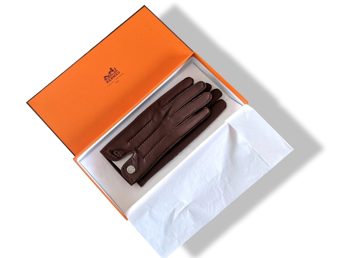Hermes [GL19] Women's Chocolat Glace Lambskin GANTS FEMME NERVURES DROITES Gloves Sz 075, BNIB! - poupishop