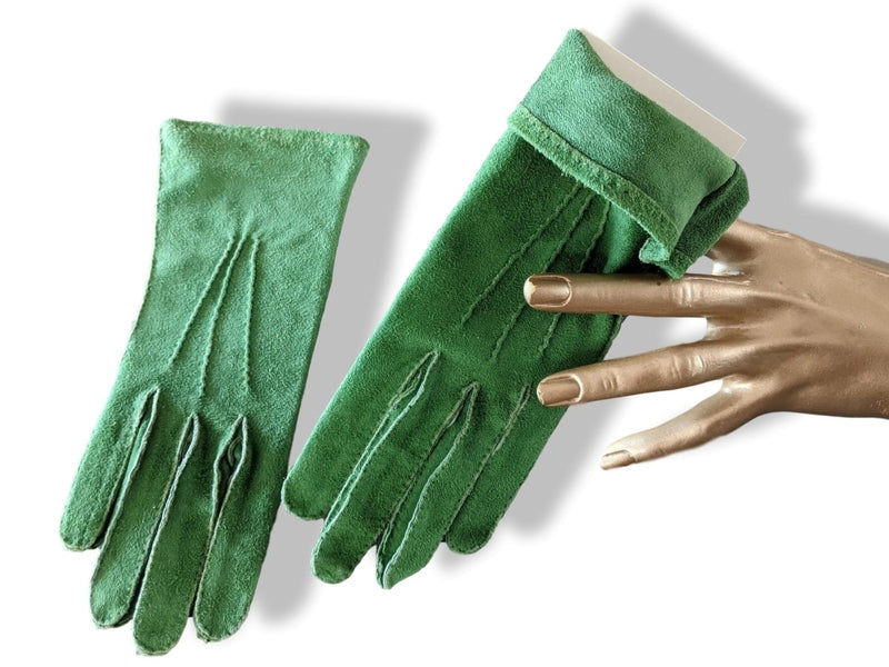 Hermes [GL20] Women's Vert Daim Suede GANTS FEMME NERVURES Gloves Sz 075, New! - poupishop