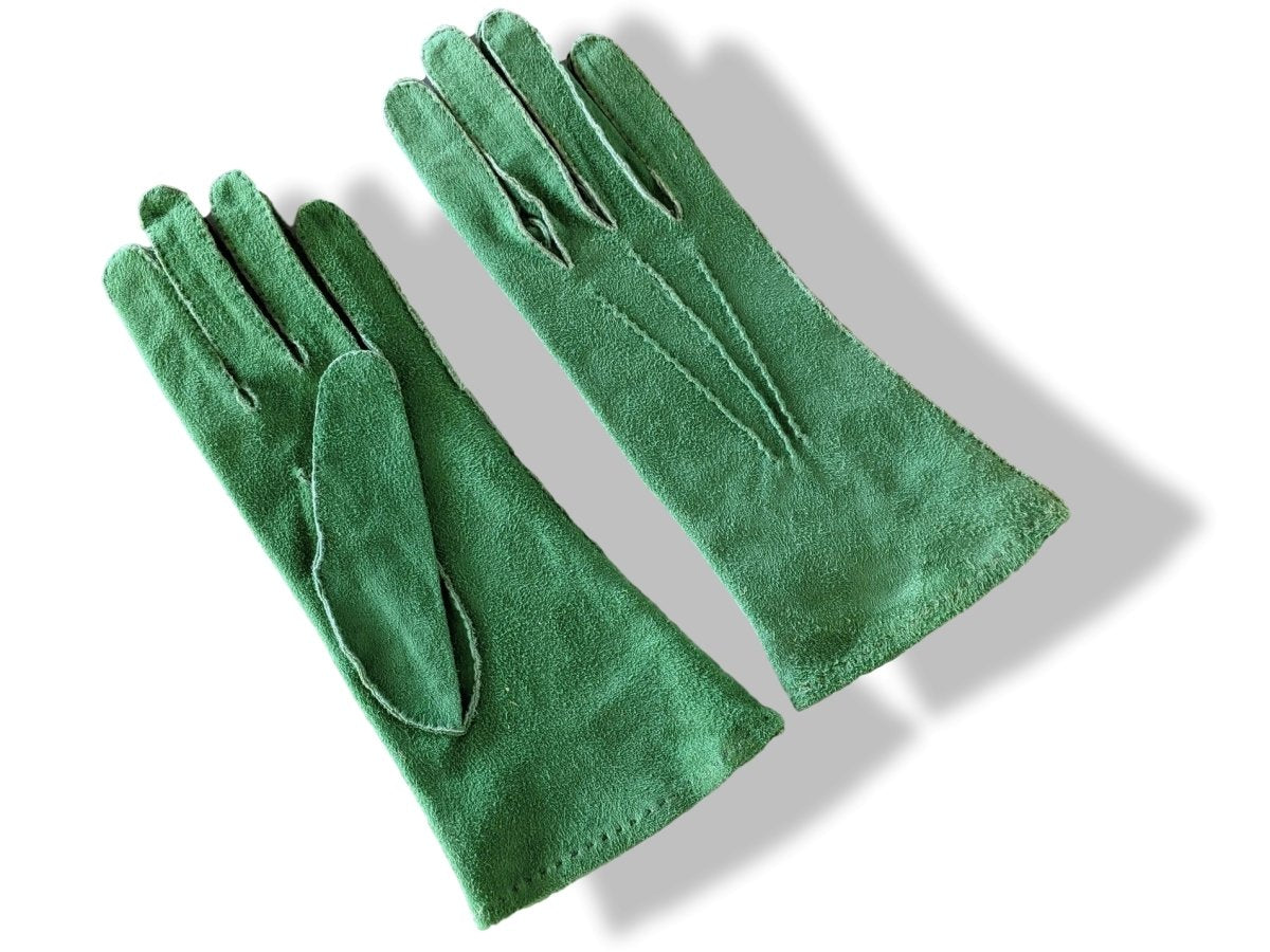Hermes [GL20] Women's Vert Daim Suede GANTS FEMME NERVURES Gloves Sz 075, New! - poupishop