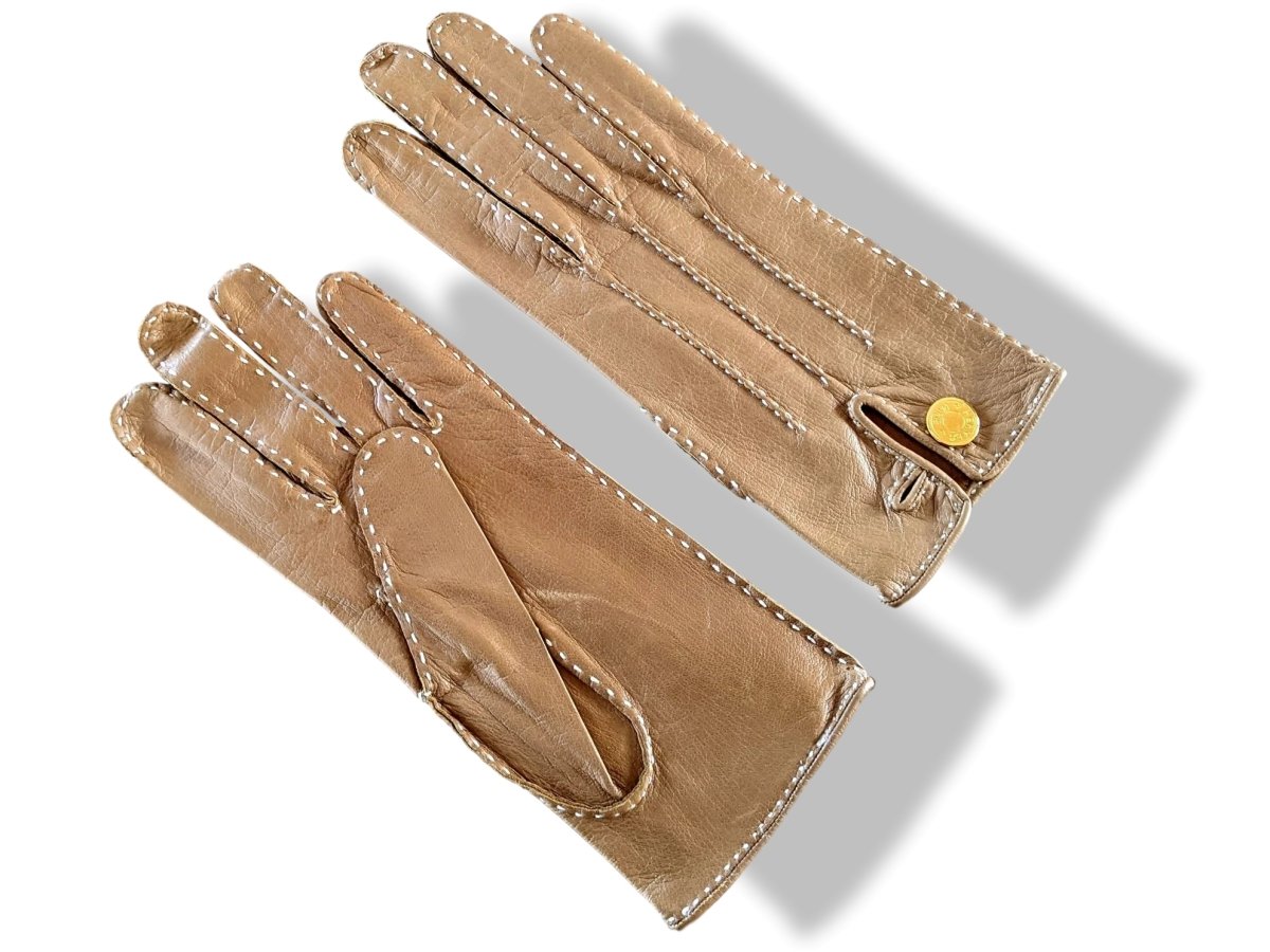 Hermes [GL21] Women's Tabac Kid Skin GANTS FEMME NERVURES DROITES Gloves Sz 065, New! - poupishop