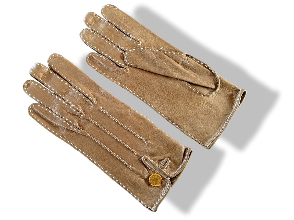 Hermes [GL21] Women's Tabac Kid Skin GANTS FEMME NERVURES DROITES Gloves Sz 065, New! - poupishop