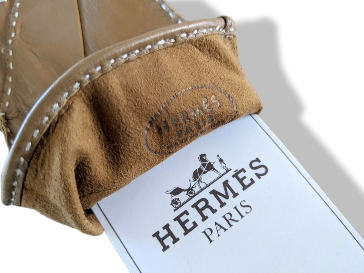Hermes [GL21] Women's Tabac Kid Skin GANTS FEMME NERVURES DROITES Gloves Sz 065, New! - poupishop