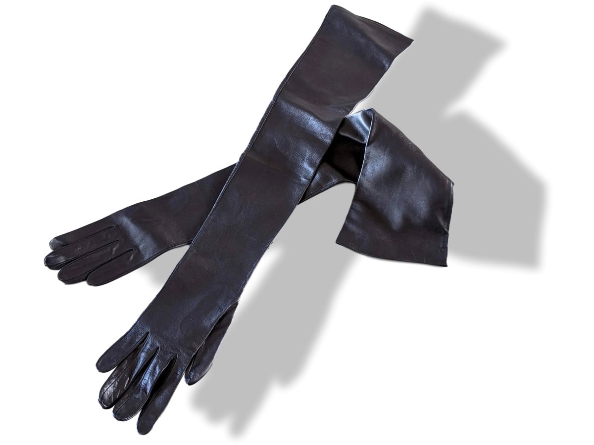 Hermes [GL24] Sexy Chic Women's Noir Glace Lambskin Xtra Long GANTS FEMME SOIREE Opera Gloves Sz7.5, New! - poupishop