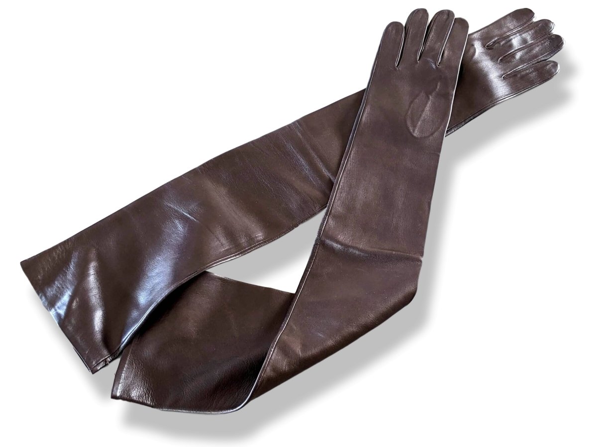 Hermes [GL25] Women's Moka Glace Lambskin Xtra Long GANTS FEMME SOIREE XTRA LONG Evening Opera Gloves Sz8, New! - poupishop