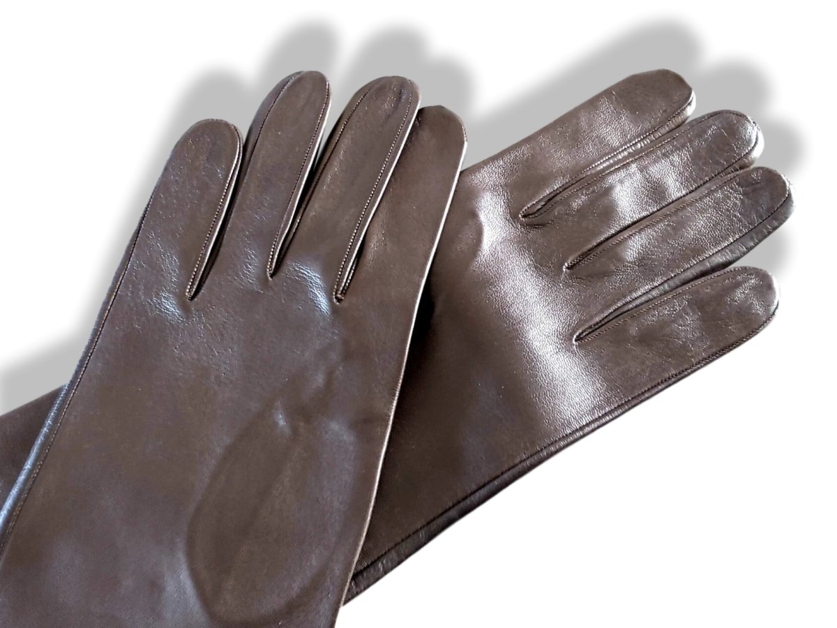 Hermes [GL25] Women's Moka Glace Lambskin Xtra Long GANTS FEMME SOIREE XTRA LONG Evening Opera Gloves Sz8, New! - poupishop