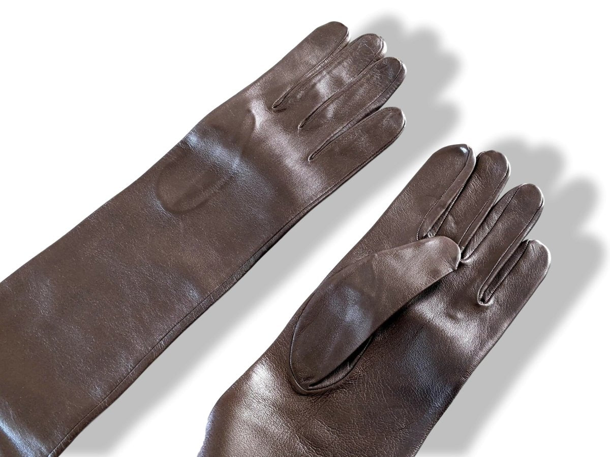 Hermes [GL25] Women's Moka Glace Lambskin Xtra Long GANTS FEMME SOIREE XTRA LONG Evening Opera Gloves Sz8, New! - poupishop