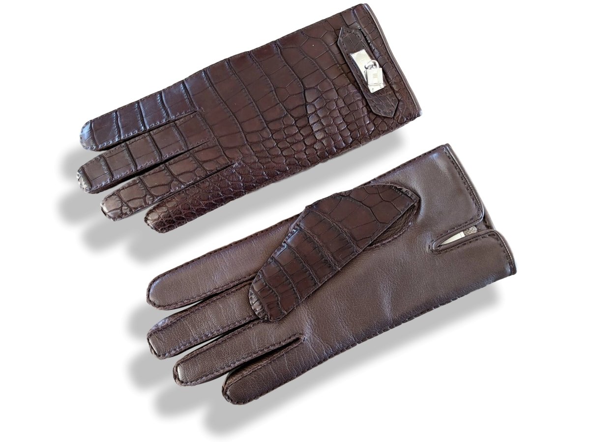 Hermes [GL26] Moka Matte Croco Skin/Lambskin Women's GANTS FEMME SOYA Kelly Gloves Sz7,5, NIB ! - poupishop