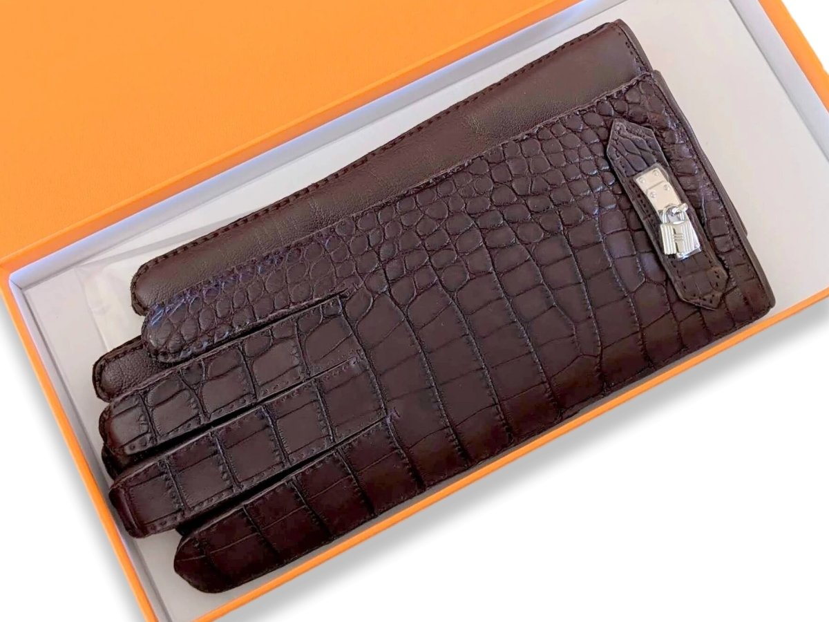 Hermes [GL26] Moka Matte Croco Skin/Lambskin Women's GANTS FEMME SOYA Kelly Gloves Sz7,5, NIB ! - poupishop