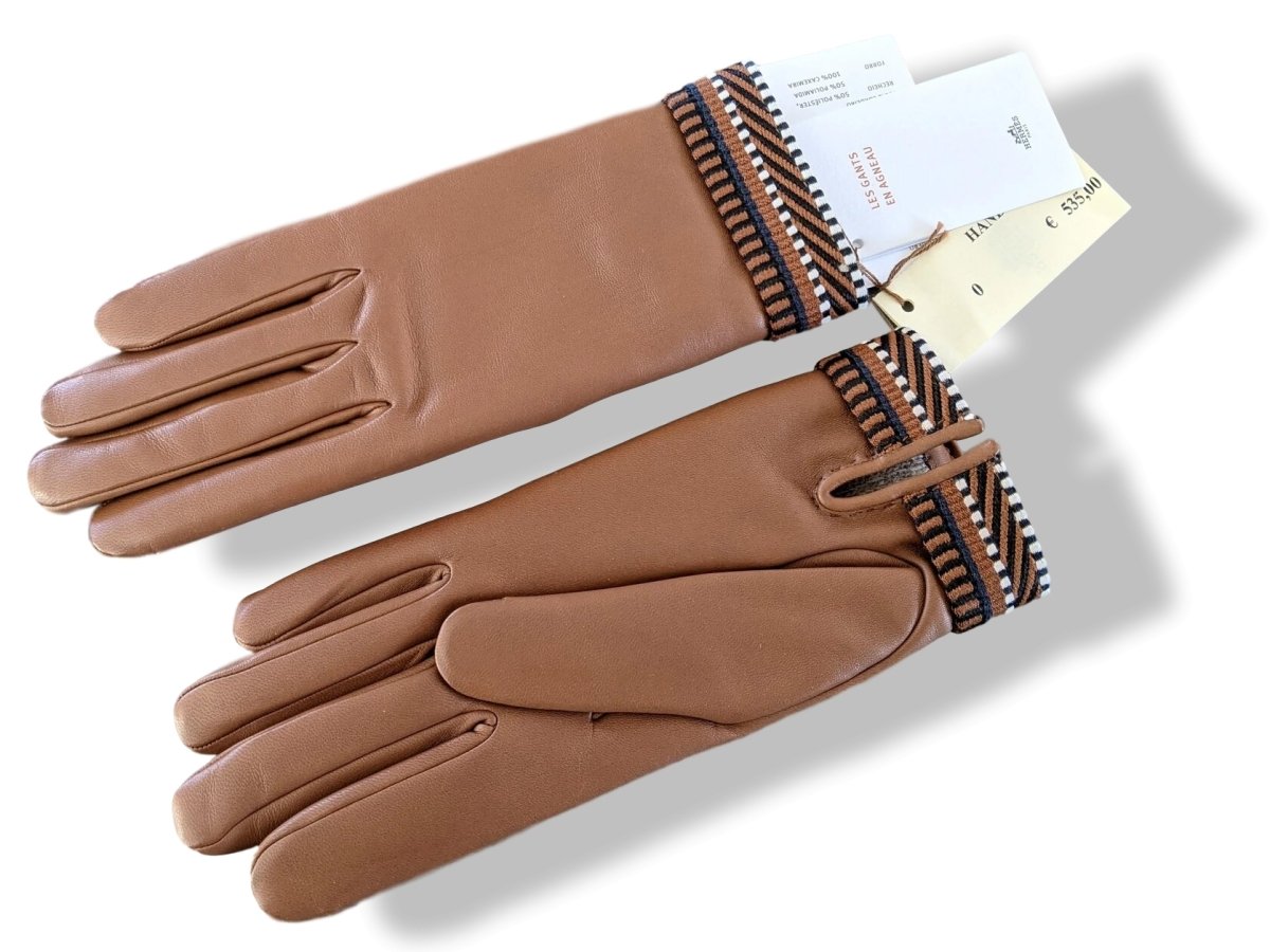 Hermes [GL27] Women's Ecru/Gold/Marine Agneau SANGLE GANTS FEMME Gloves, BNWT! - poupishop