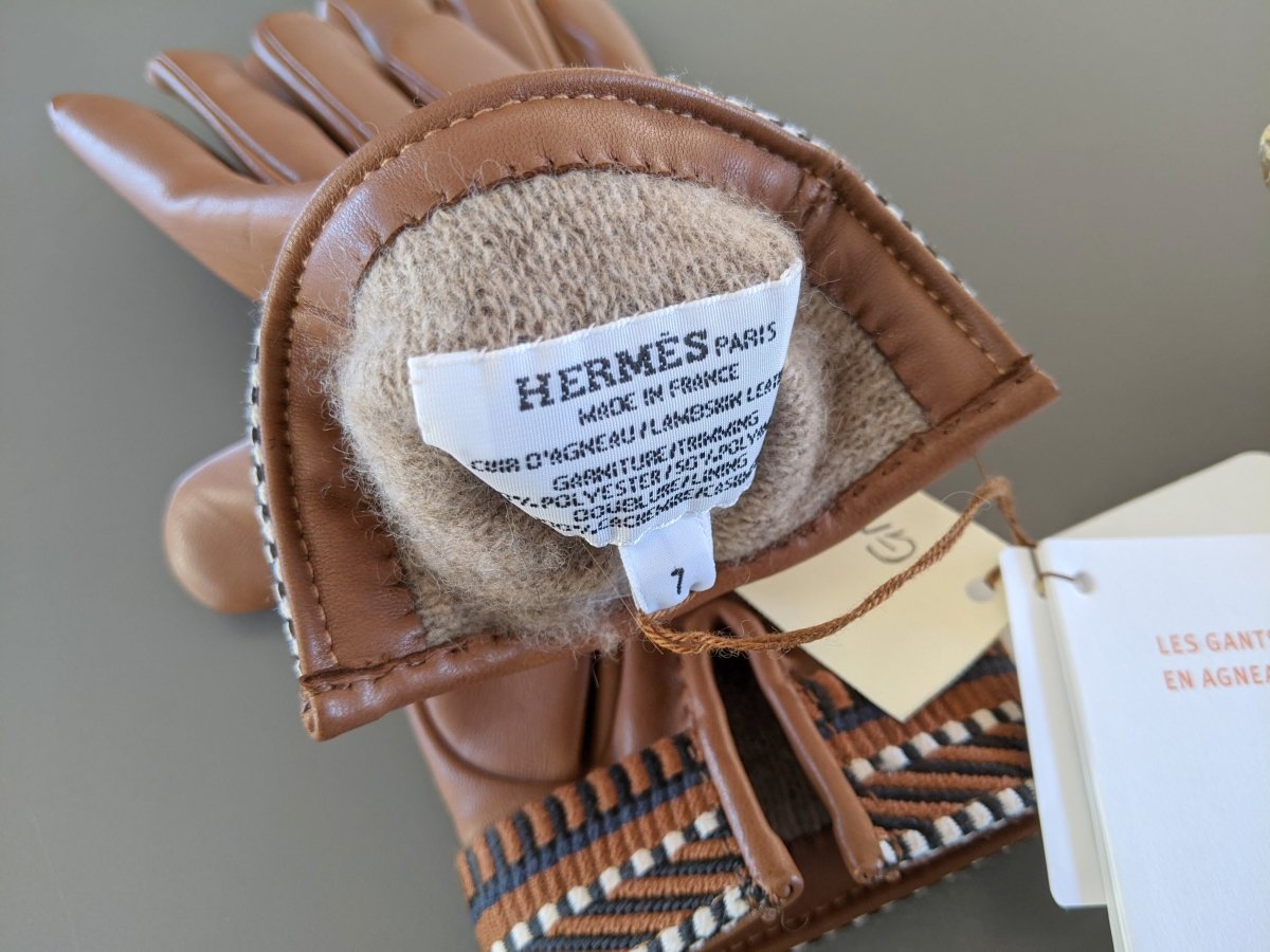 Hermes [GL27] Women's Ecru/Gold/Marine Agneau SANGLE GANTS FEMME Gloves, BNWT! - poupishop