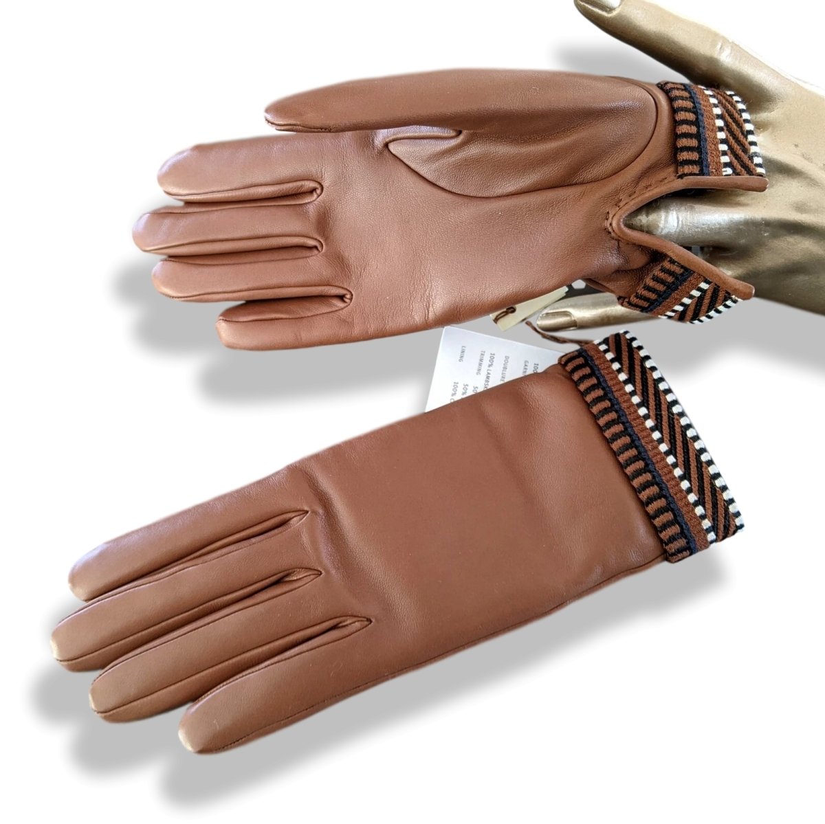 Hermes [GL27] Women's Ecru/Gold/Marine Agneau SANGLE GANTS FEMME Gloves, BNWT! - poupishop