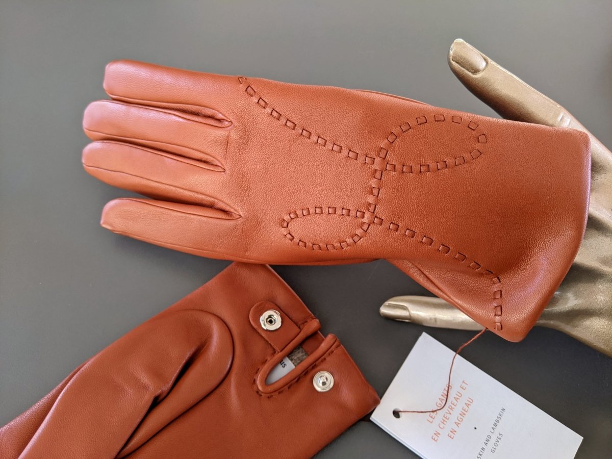 Hermes [GL29] Women's Brique Agneau PIQURE H STYLISE GANTS FEMME Gloves, BNWT! - poupishop