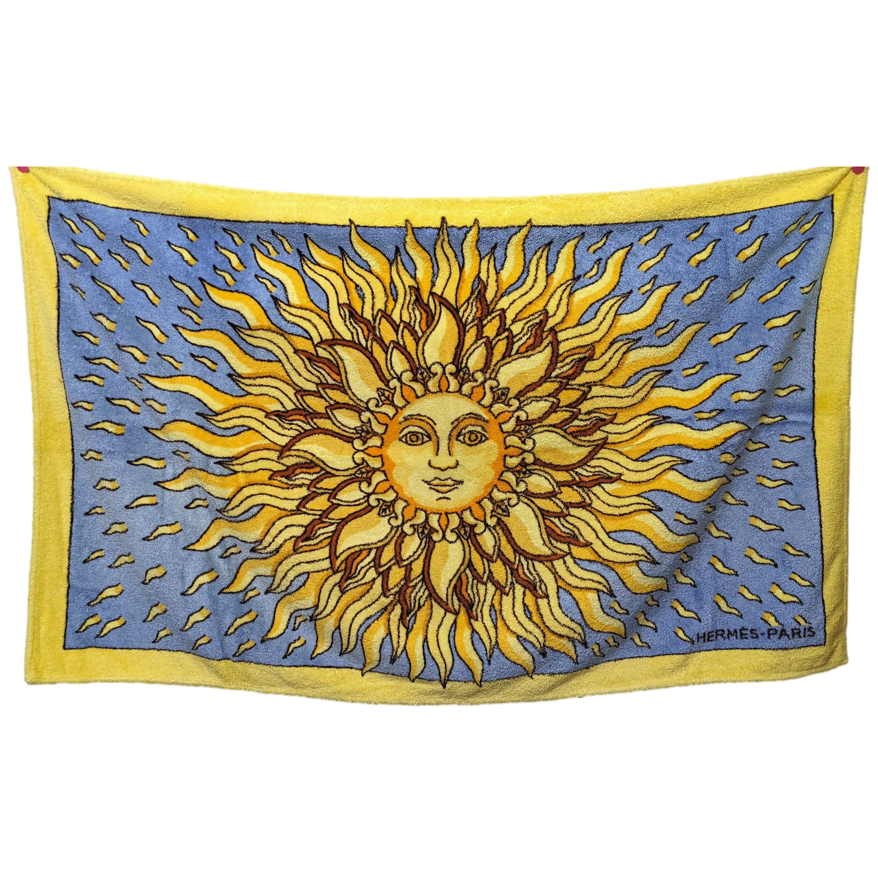 Hermes Jaune Clair /Bleu/Blanc "Gloria Soli" Sun Terry Beach Towel 150 x 90 cm