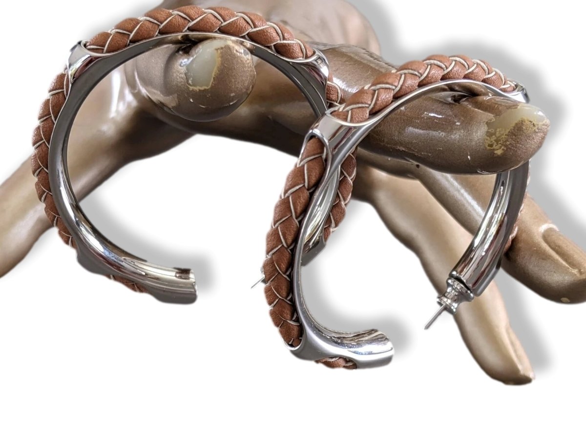 Hermes Gold Swift Leather/Palladium Creoles KYOTO Pierced Hoop Earrings TGM, NIB! - poupishop