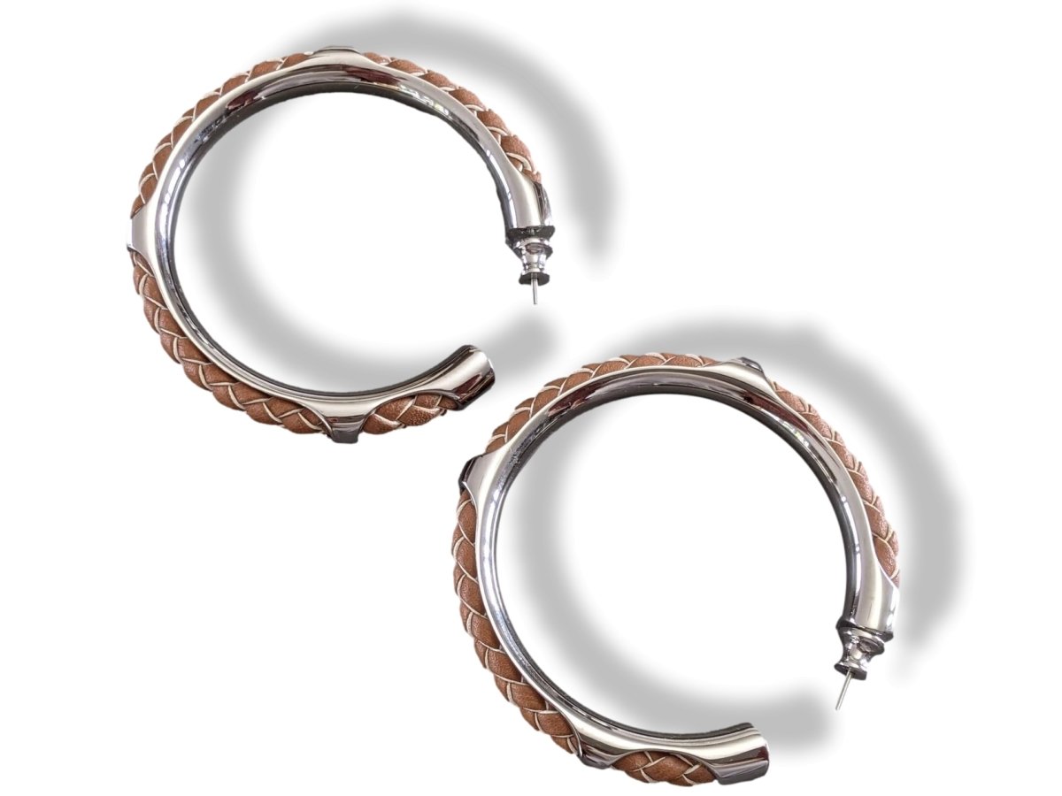 Hermes Gold Swift Leather/Palladium Creoles KYOTO Pierced Hoop Earrings TGM, NIB! - poupishop