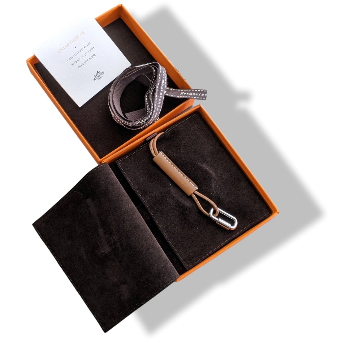 Hermes Gold Swift Leather/Palladium PENDANT CURIOSITE NECKLACE, BNIB! - poupishop