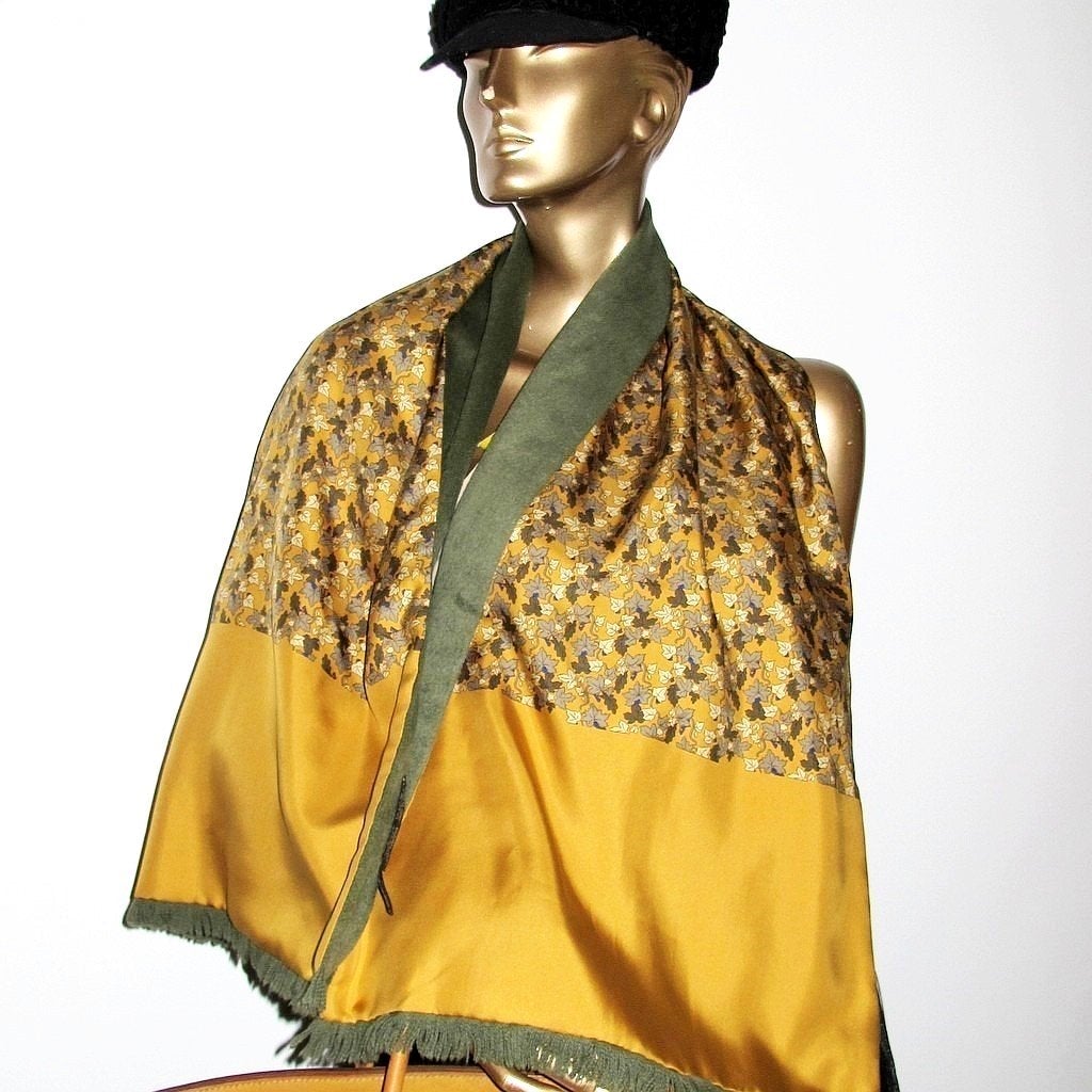 Hermes Gold/Green Leaves Angora and Silk Fringed Stole 17"x 57" - poupishop