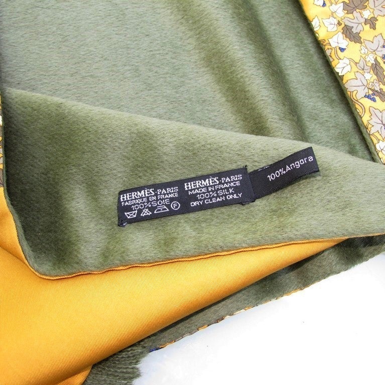 Hermes Gold/Green Leaves Angora and Silk Fringed Stole 17"x 57" - poupishop