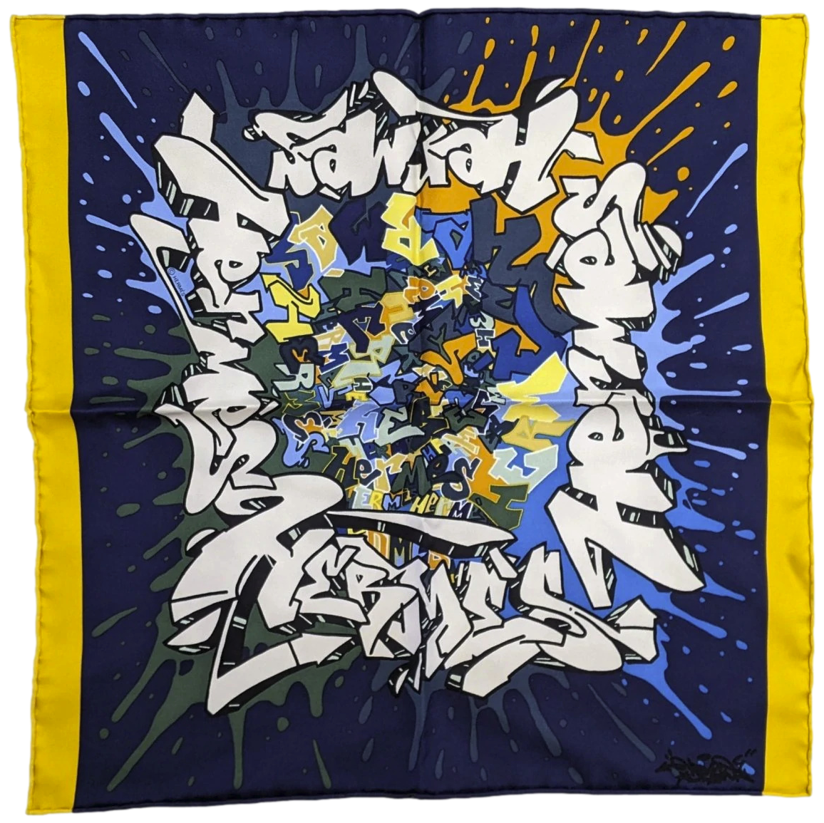 Hermes 2012 Marine/Safran/Blanc 'Graff' Twill Gavroche Pocket Scarf 42cm