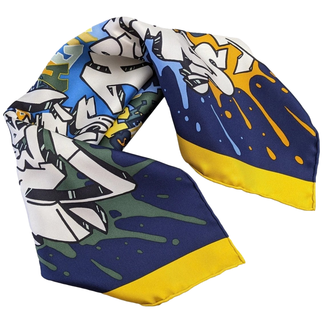 Hermes 2012 Marine/Safran/Blanc 'Graff' Twill Gavroche Pocket Scarf 42cm
