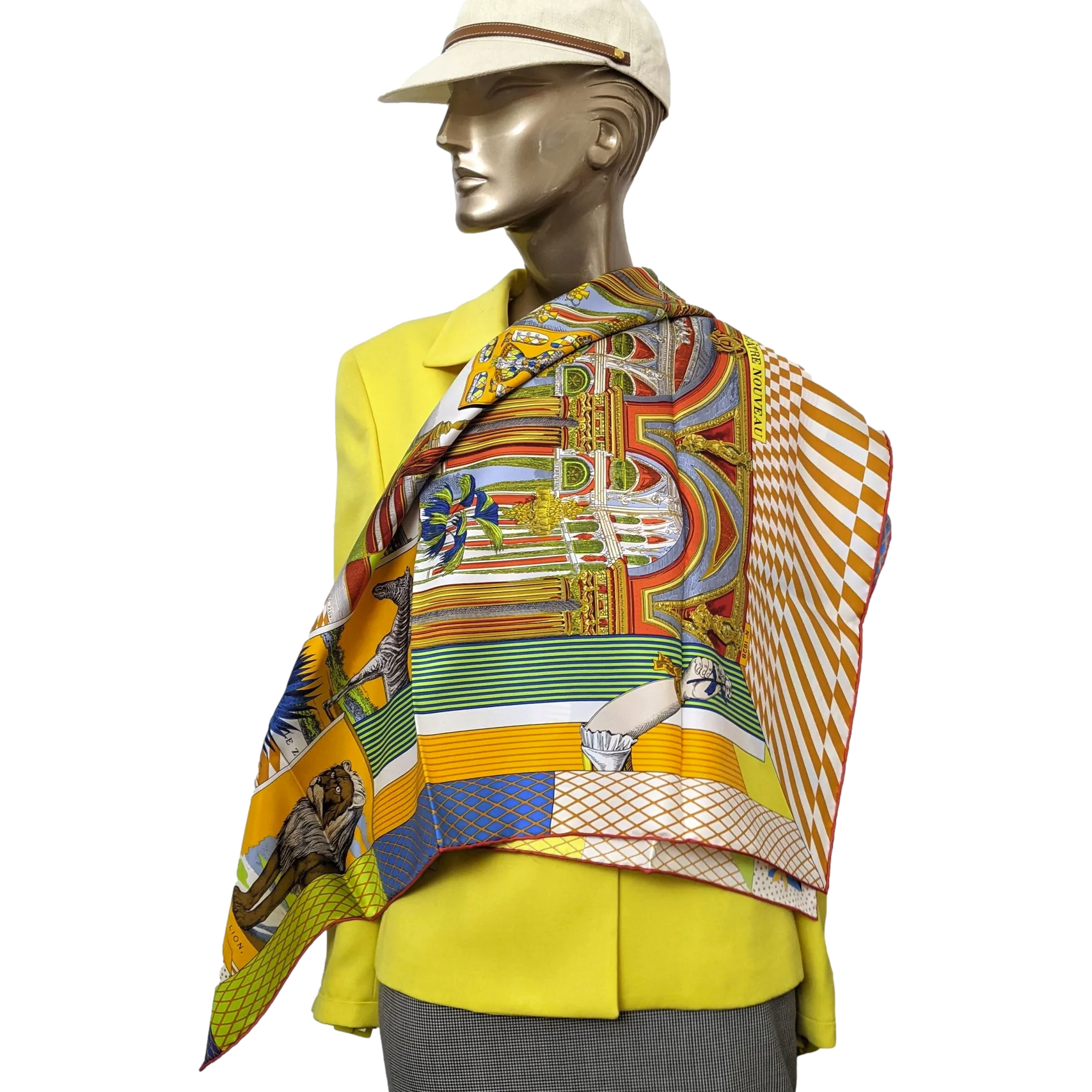 Hermes [C210] Jaune d'Or/Vert Fluo Clair "Grand Theatre Nouveau" by Gianpaolo Pagni Twill Silk Carre 90cm