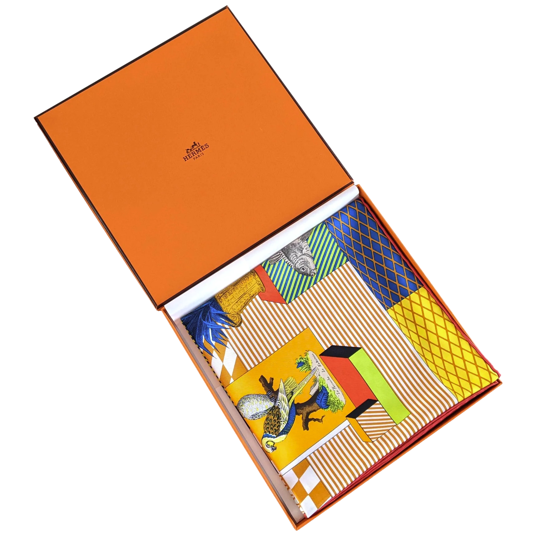 Hermes [C210] Jaune d'Or/Vert Fluo Clair "Grand Theatre Nouveau" by Gianpaolo Pagni Twill Silk Carre 90cm