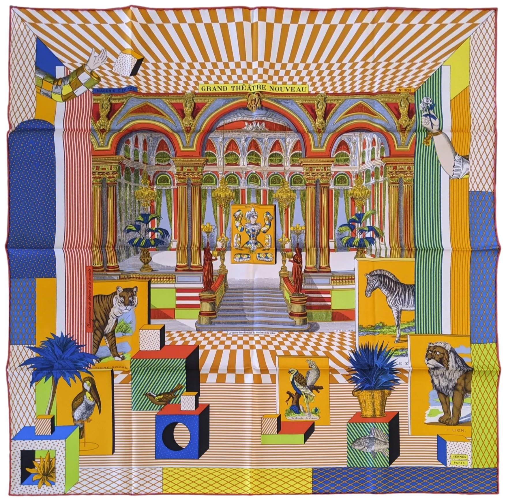 Hermes [C210] Jaune d'Or/Vert Fluo Clair "Grand Theatre Nouveau" by Gianpaolo Pagni Twill Silk Carre 90cm