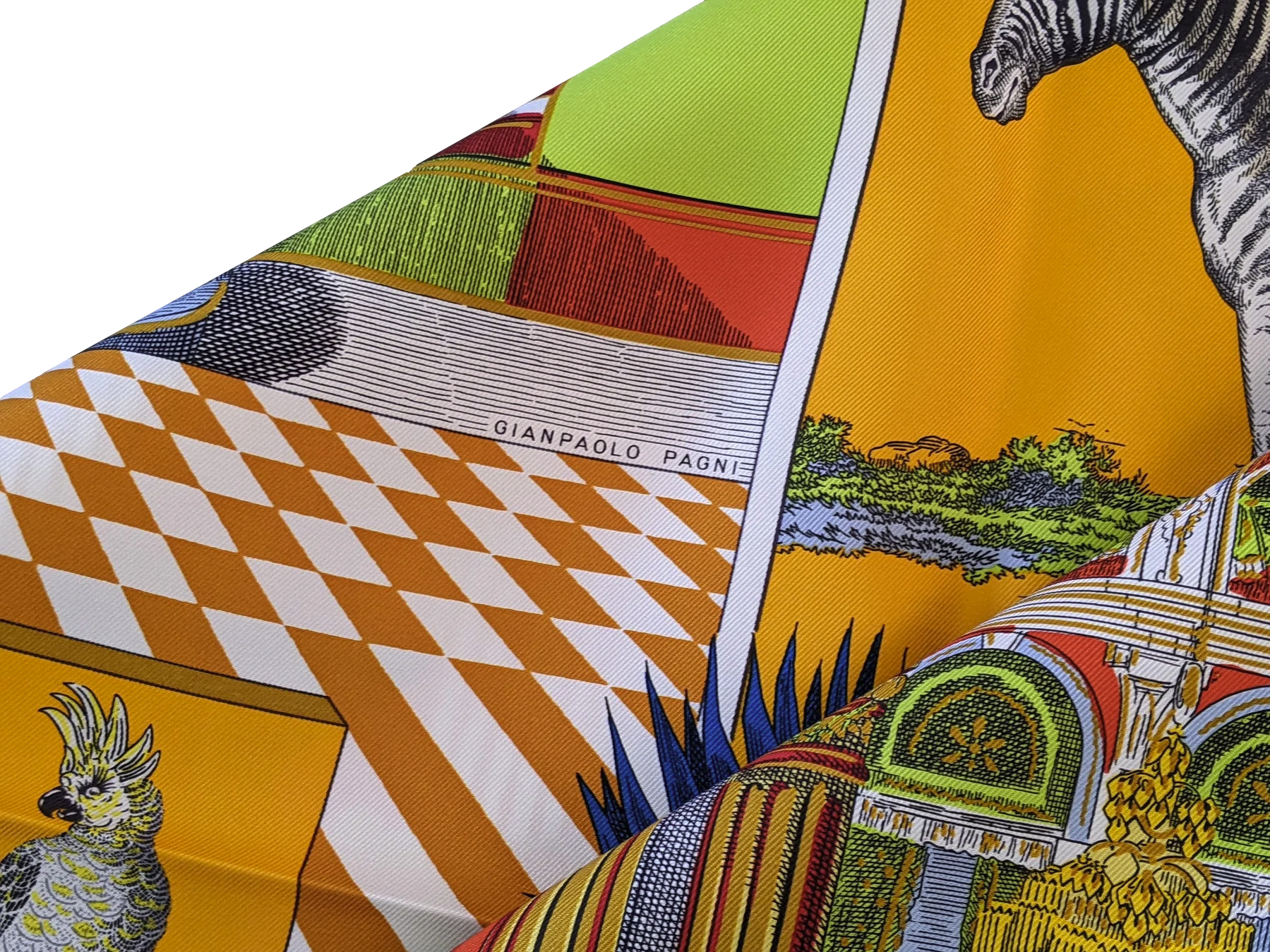 Hermes [C210] Jaune d'Or/Vert Fluo Clair "Grand Theatre Nouveau" by Gianpaolo Pagni Twill Silk Carre 90cm